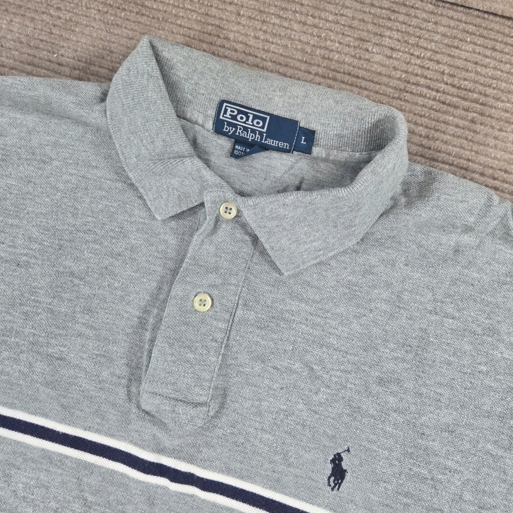 Polo Ralph Lauren Mens L Grey Striped Short Sleeve Pique Cotton Polo Shirt